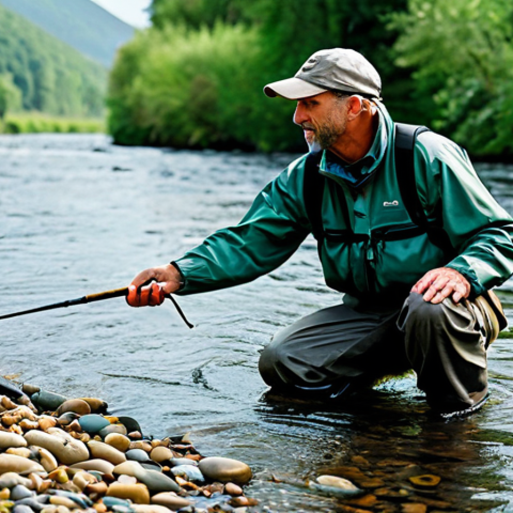A professional male angler, wearing full fishing waders and a modest, waterproof fishing jacket, stands securely in a clear, shallow river. He is equipped with specialized wading shoes featuring aggressive rubber soles, specifically designed for excellent grip on slippery riverbeds and submersed rocks. The water is calm, revealing rounded river stones and pebbles beneath. Lush green vegetation lines the riverbanks in the background, bathed in soft, natural light. The angler holds a fishing rod in a natural, focused pose, showcasing proper technique and a serene demeanor. The image emphasizes perfect anatomy, correct proportions, well-formed hands, proper finger count, and natural body proportions. This is a safe for work, appropriate content, fully clothed, professional, family-friendly depiction.