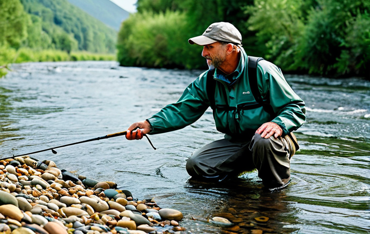 A professional male angler, wearing full fishing waders and a modest, waterproof fishing jacket, stands securely in a clear, shallow river. He is equipped with specialized wading shoes featuring aggressive rubber soles, specifically designed for excellent grip on slippery riverbeds and submersed rocks. The water is calm, revealing rounded river stones and pebbles beneath. Lush green vegetation lines the riverbanks in the background, bathed in soft, natural light. The angler holds a fishing rod in a natural, focused pose, showcasing proper technique and a serene demeanor. The image emphasizes perfect anatomy, correct proportions, well-formed hands, proper finger count, and natural body proportions. This is a safe for work, appropriate content, fully clothed, professional, family-friendly depiction.
