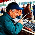 Home 18 Inspecting a Used Fishing Rod**
A person carefully inspecting a used fishing rod at an outdoor flea market in France, focusing on the rod's blank and guides. The person is fully clothed in appropriate outdoor attire. Background: other stalls with various used sporting goods. Safe for work, appropriate content, fully clothed, modest, professional photography, perfect anatomy, correct proportions, natural pose, well-formed hands, proper finger count, natural body proportions.
**