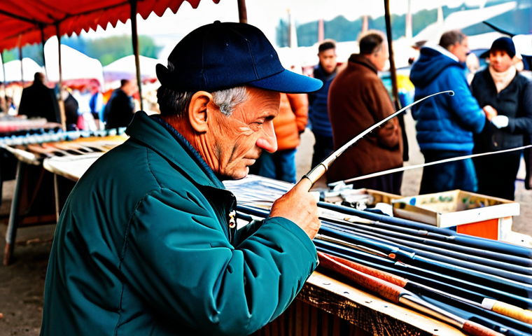 Inspecting a Used Fishing Rod**

A person carefully inspecting a used fishing rod at an outdoor flea market in France, focusing on the rod's blank and guides. The person is fully clothed in appropriate outdoor attire. Background: other stalls with various used sporting goods. Safe for work, appropriate content, fully clothed, modest, professional photography, perfect anatomy, correct proportions, natural pose, well-formed hands, proper finger count, natural body proportions.

**
