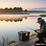 Home 15 낚시 대회 준비 체크리스트 - A seasoned angler preparing fishing gear by a calm freshwater lake at dawn in rural France, featurin...