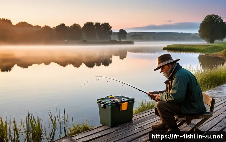낚시 대회 준비 체크리스트 - A seasoned angler preparing fishing gear by a calm freshwater lake at dawn in rural France, featurin...