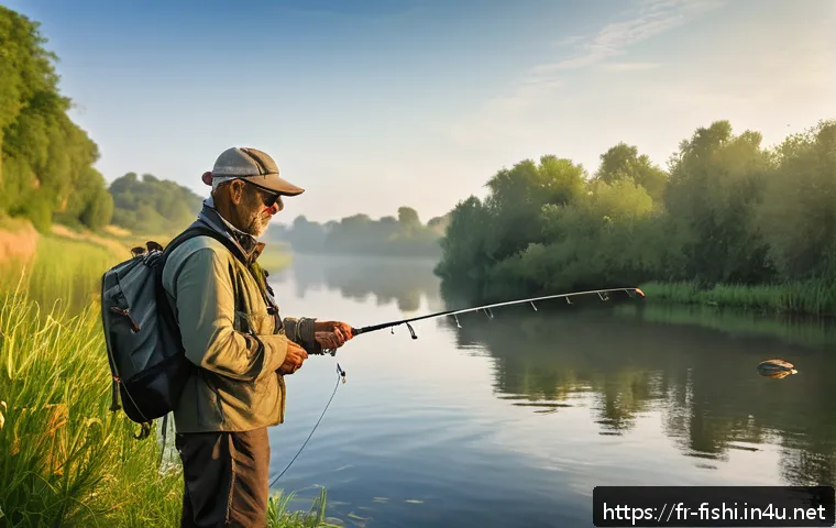 낚시 여행을 위한 팩킹 리스트 - A detailed scene of an experienced fisherman standing by a serene French river at dawn, holding a li...