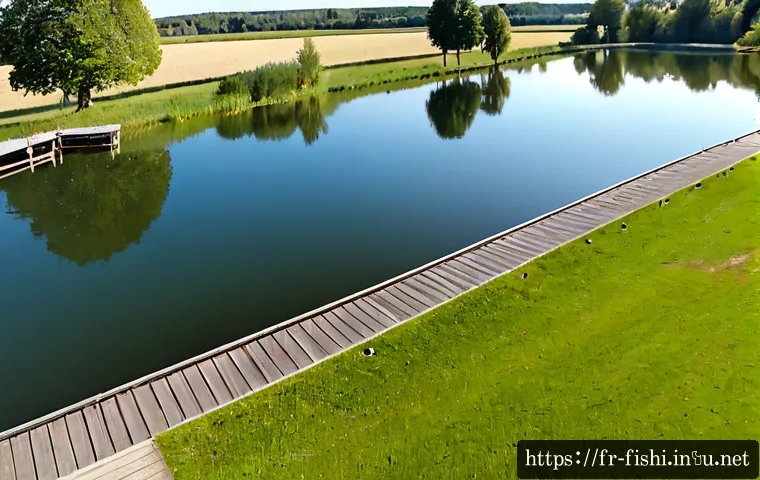 Home 15 낚시터 입지 선정 가이드 - Photorealistic wide-angle view of a carefully chosen freshwater fishing pond in the French countrysi...