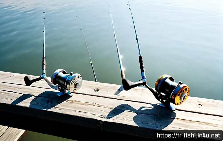 Home 17 낚시 릴 종류와 특징 - Photorealistic overhead comparison scene of three unbranded fishing reels on a weathered wooden dock...
